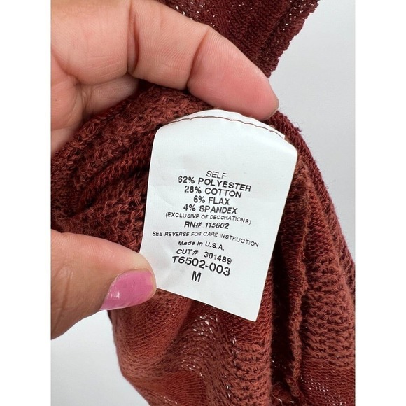 Lush Womens Medium Brown Striped Top Round-Neck Short Sleeves Lace Hem - Picture 6 of 6